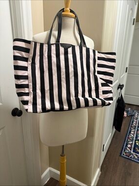 Victoria's Secret Black and Light Pink Vertical Stripe Tote